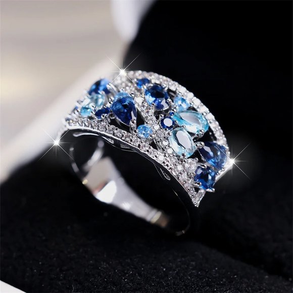 Royal Blue Crystal Water Drop Band Ring in Silver - Picture 2 of 6